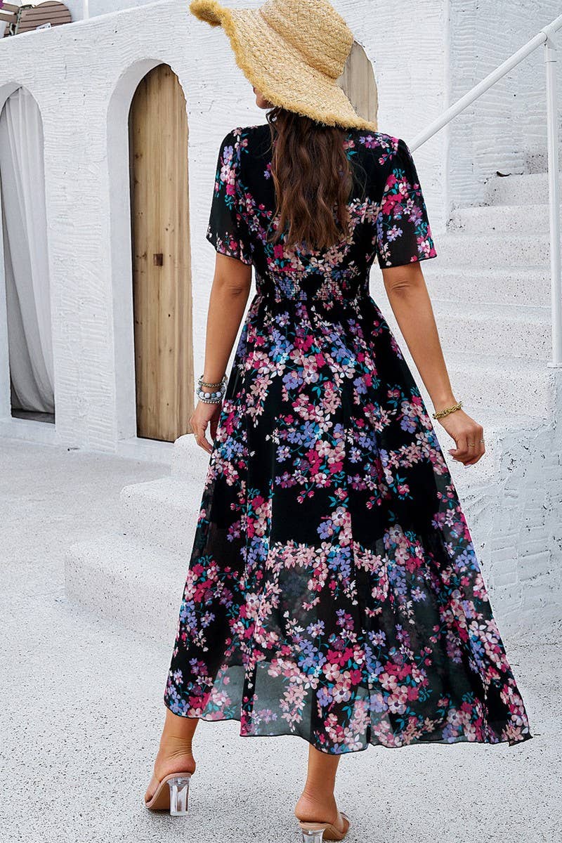 Deep V-Neck Short Sleeve Floral Print Midi Dress