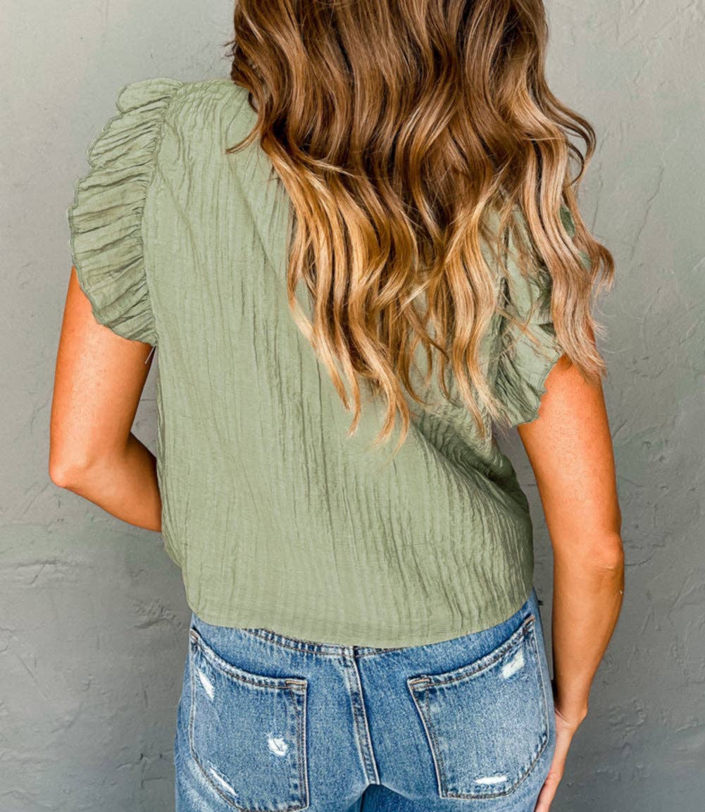 V-Neck Flutter Sleeve Textured Blouse