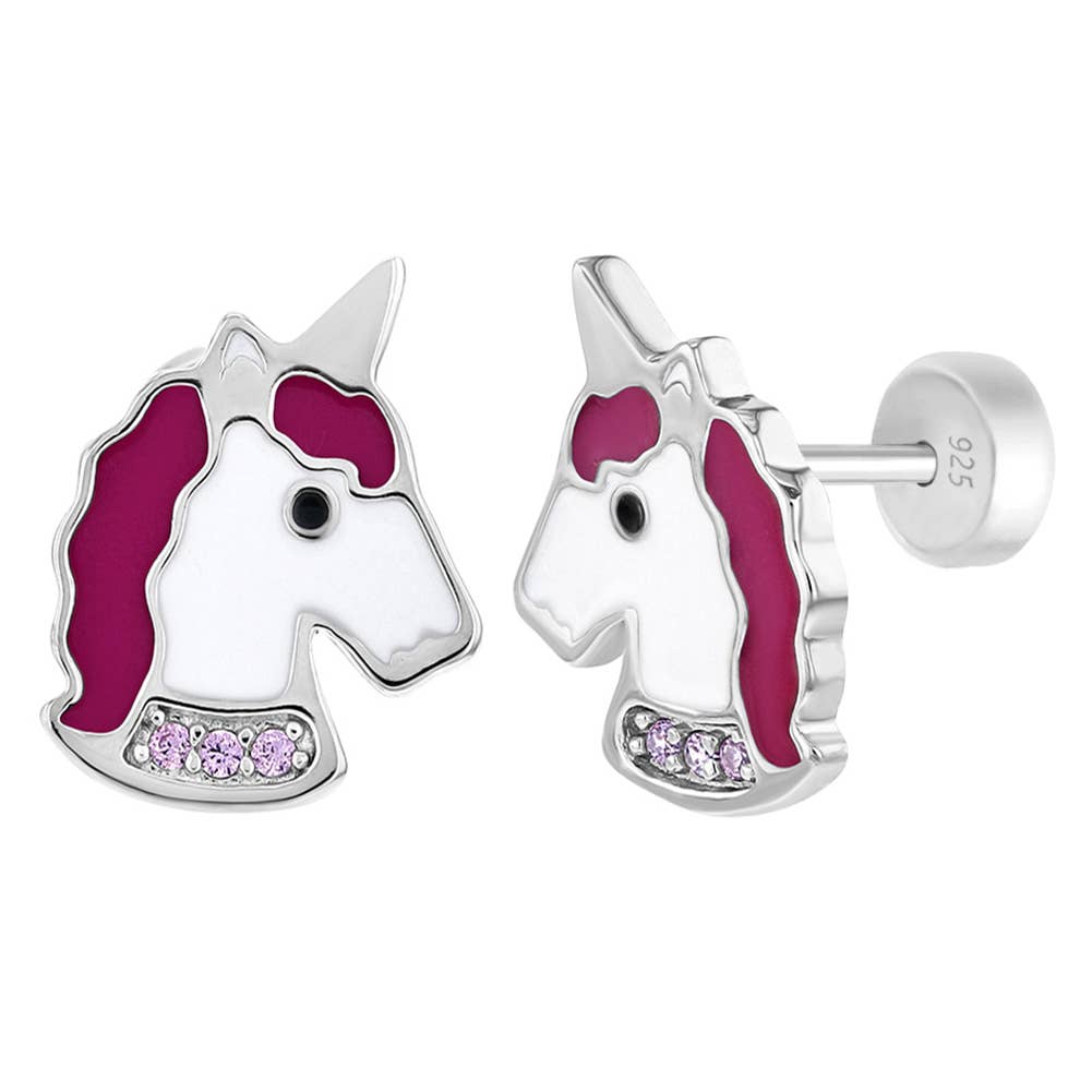Bubblegum Pink Twinkle Unicorn Enamel Sterling Silver Earrings