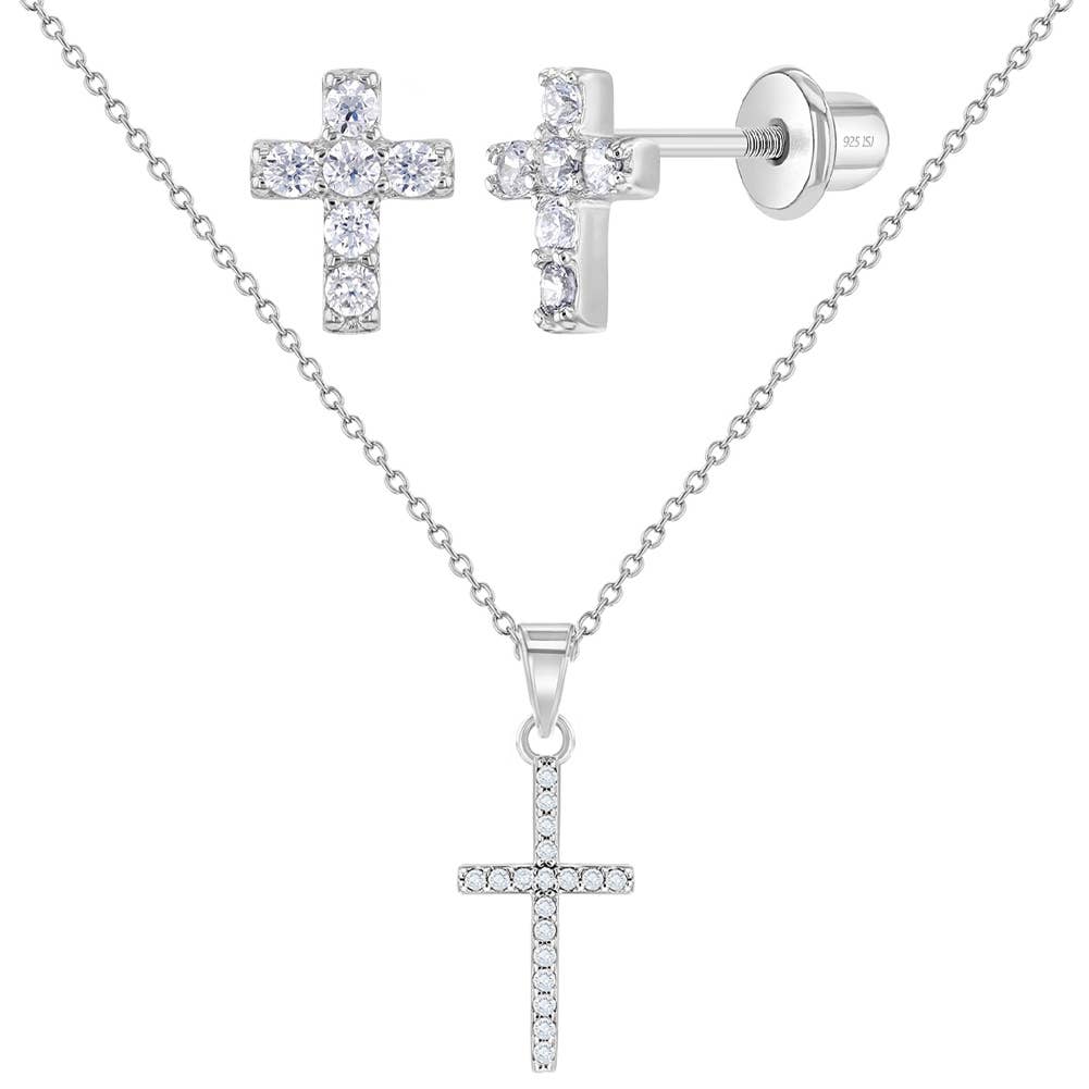 Tiny Glimmering Cross Children's Jewelry Set in Sterling Silver