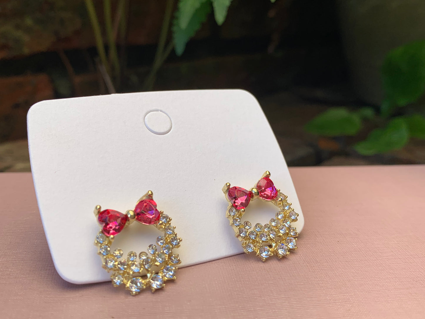 Bow Tie Wreath Earrings - Pink Crystal Heart Shape Studs