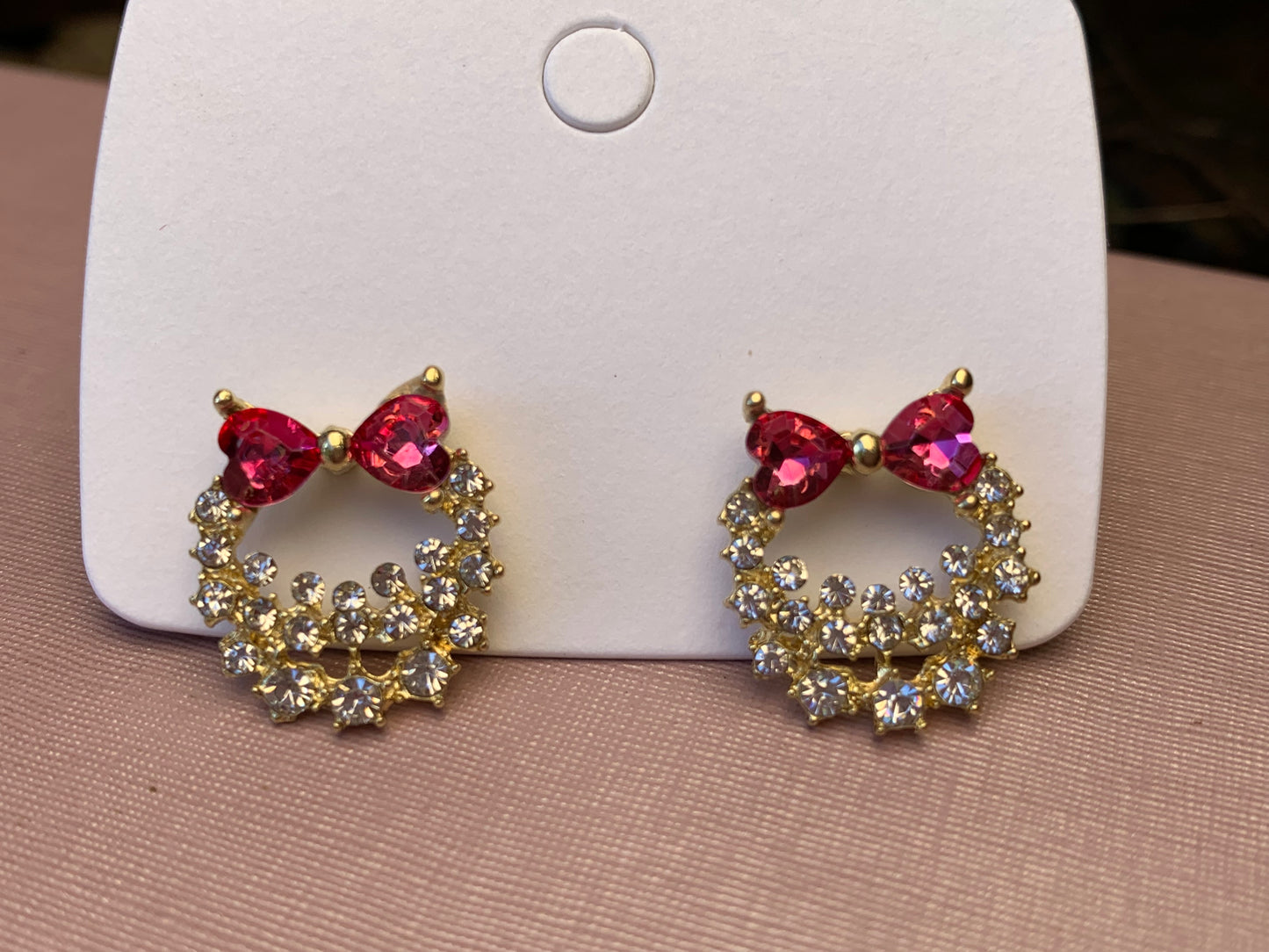 Bow Tie Wreath Earrings - Pink Crystal Heart Shape Studs