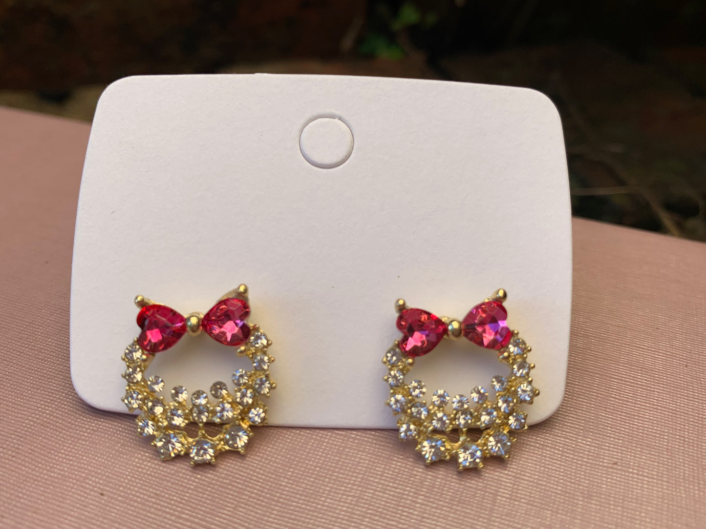 Bow Tie Wreath Earrings - Pink Crystal Heart Shape Studs