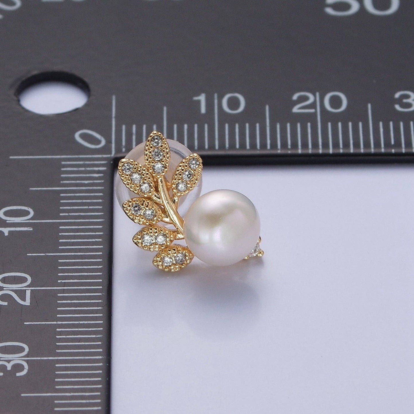 White Pearl Stud with Gold Pave Leaf Earrings