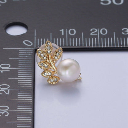 White Pearl Stud with Gold Pave Leaf Earrings
