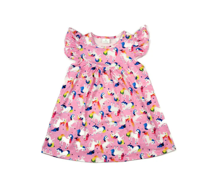 Shine Bright Little Unicorn Milk Silk Flutter Dress