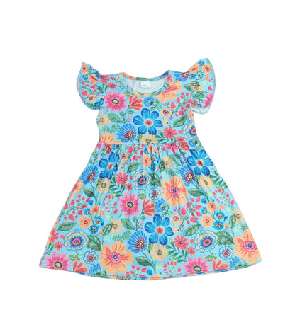 Garden Symphony Milk Silk Long Flutter Sleeve Dress