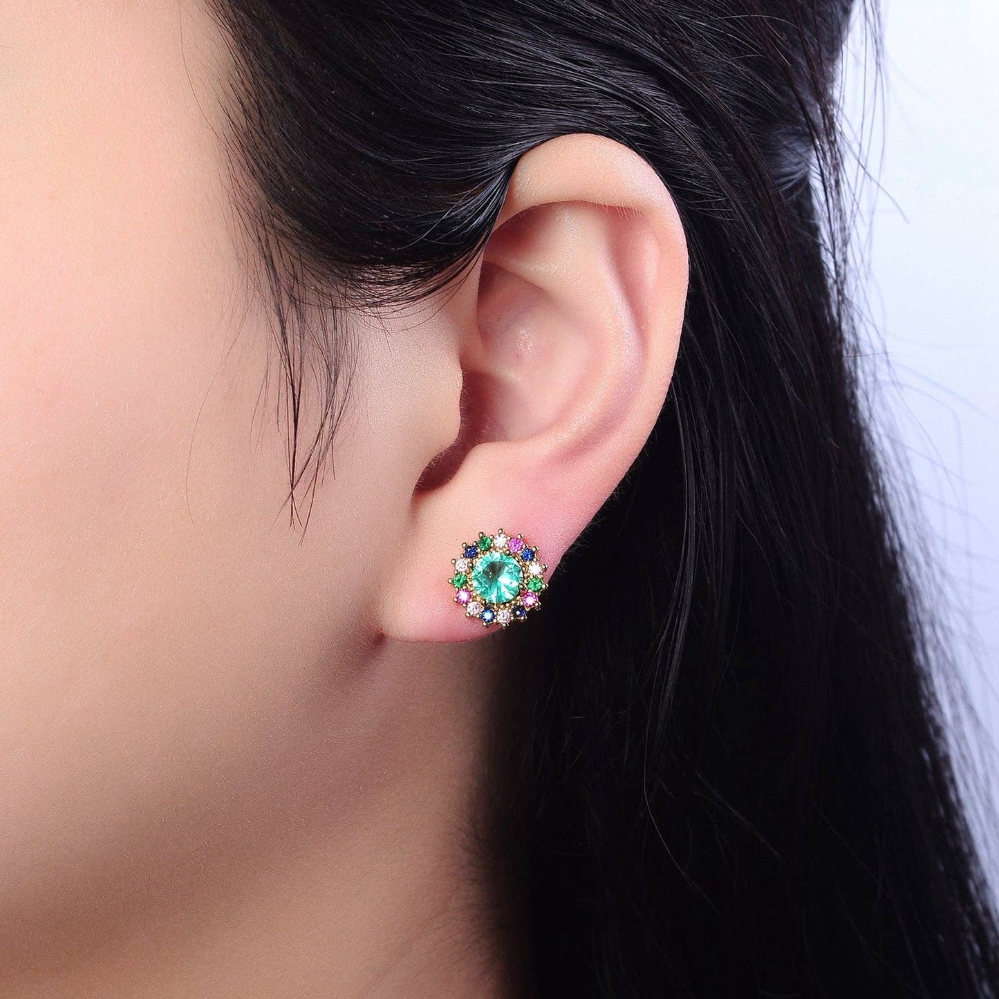 Green/Aqua Halo Stud Earrings