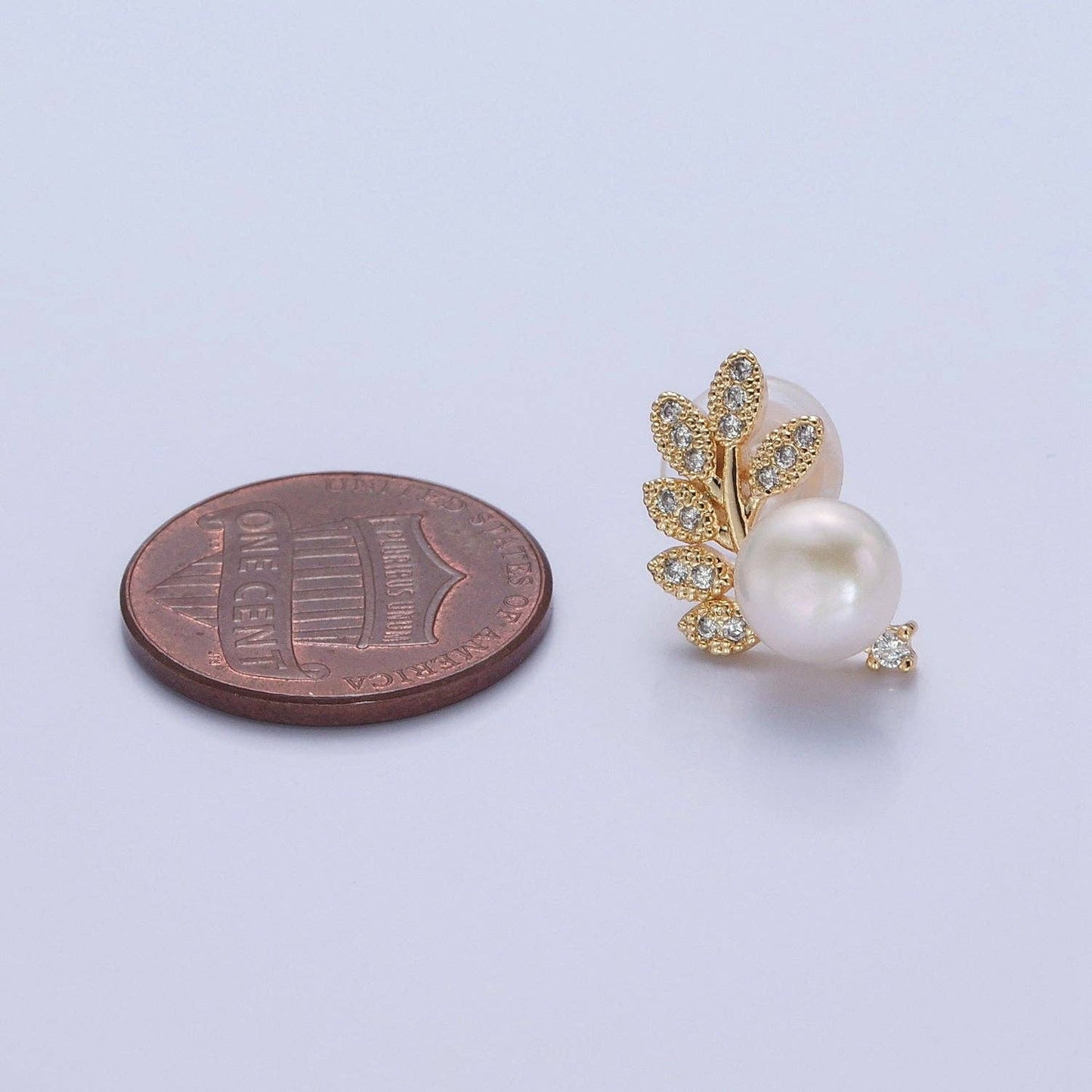 White Pearl Stud with Gold Pave Leaf Earrings