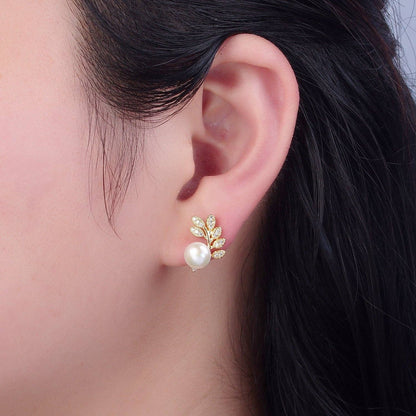 White Pearl Stud with Gold Pave Leaf Earrings