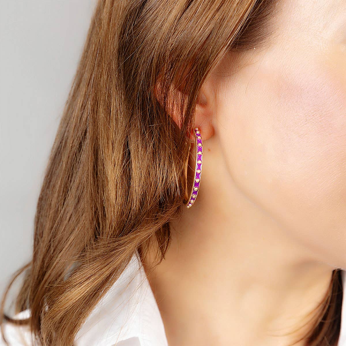 Enamel Studded Metal Hoop Earrings: Black