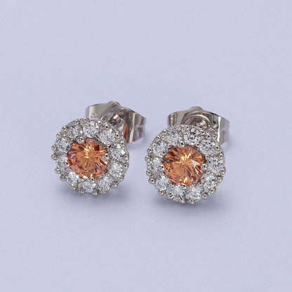 White-gold Filled Pink Round Halo Stud Earrings