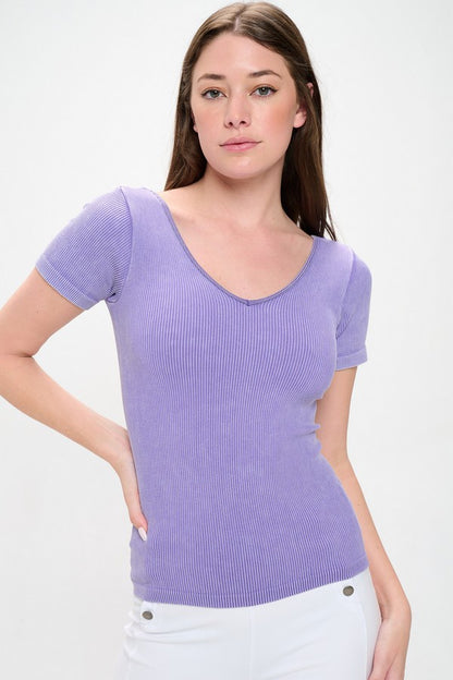Lavender Reversible Short Sleeved Stonewashed Ribbed Top