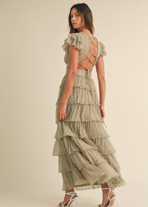 Shimmer Champagne Long Ruffle Dress