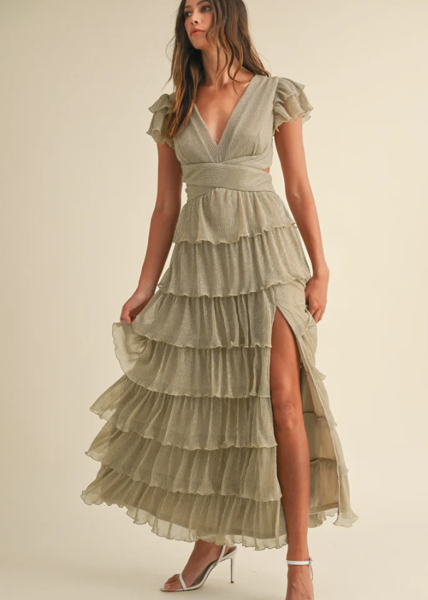 Shimmer Champagne Long Ruffle Dress