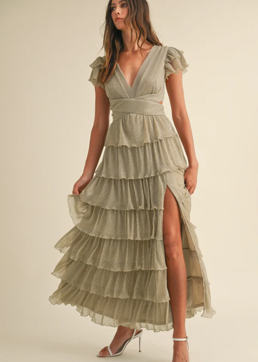 Shimmer Champagne Long Ruffle Dress
