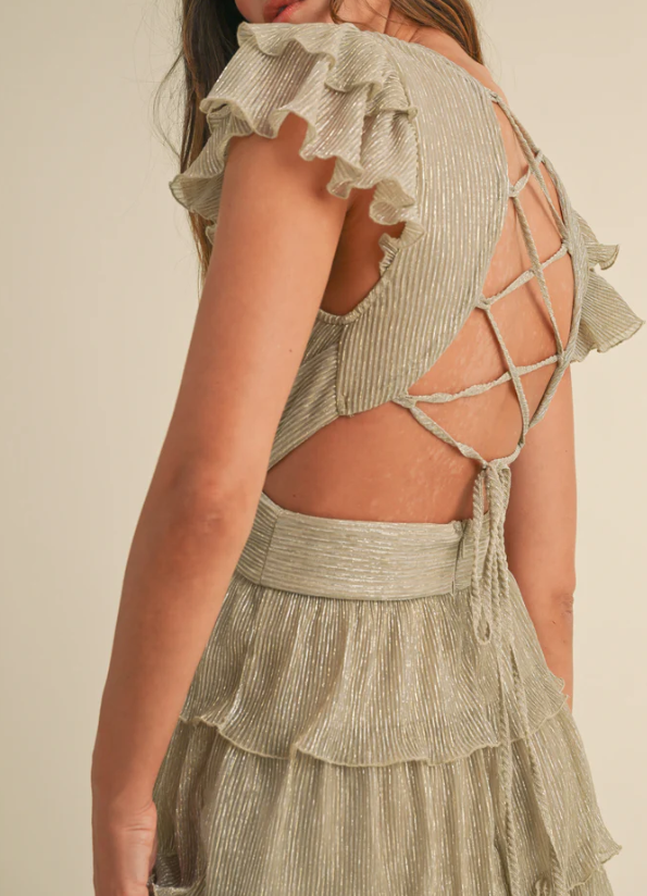 Shimmer Champagne Long Ruffle Dress