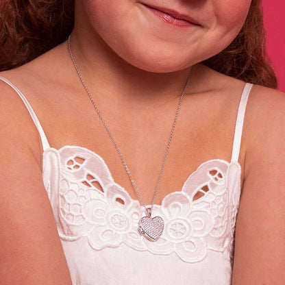 Pave Heart Locket Children's Necklace in Sterling Silver
