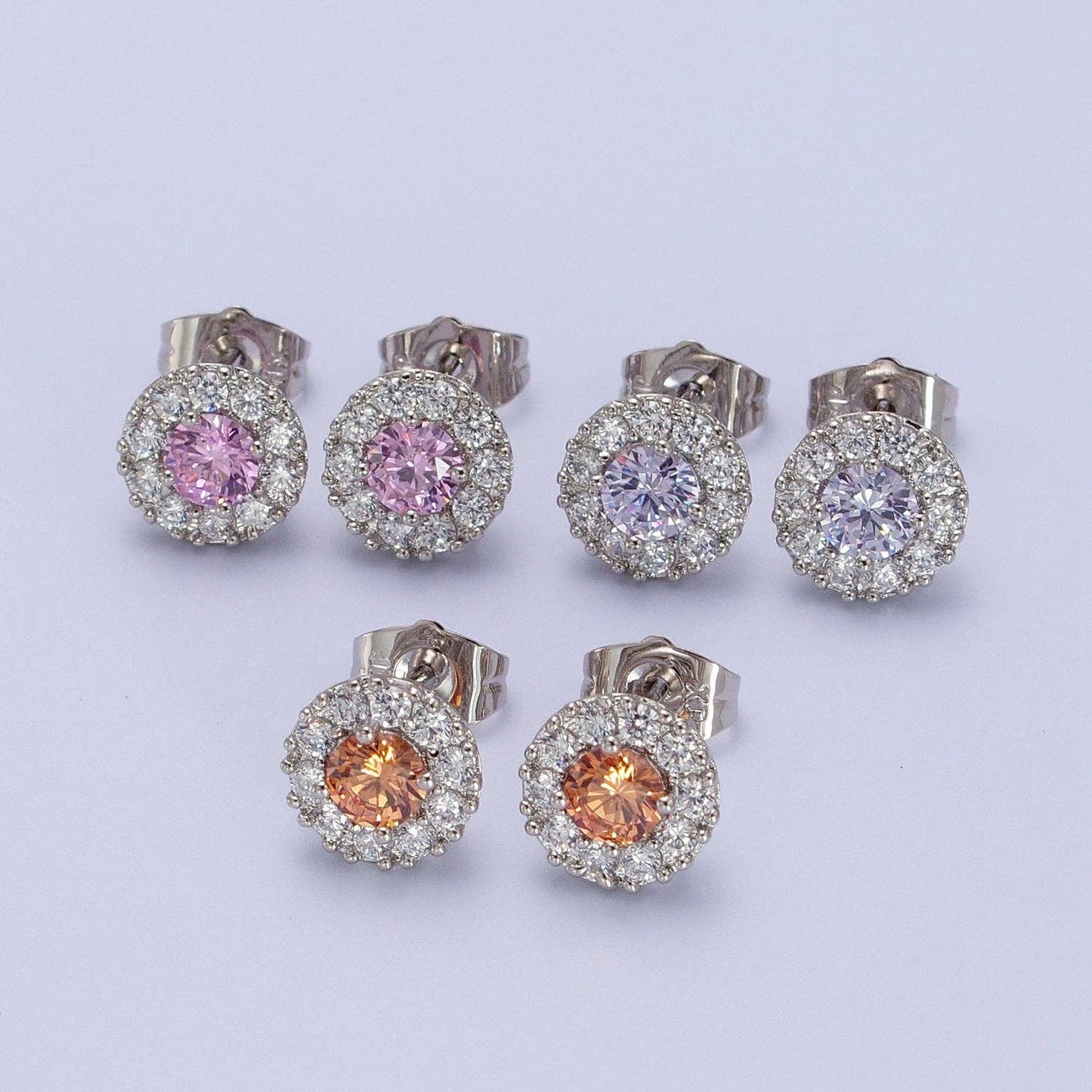 White-gold Filled Pink Round Halo Stud Earrings
