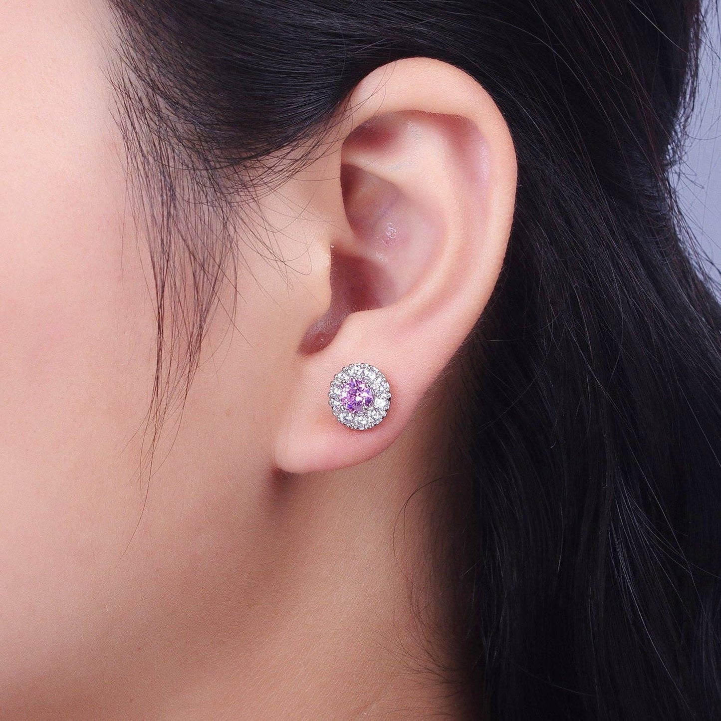 White-gold Filled Pink Round Halo Stud Earrings