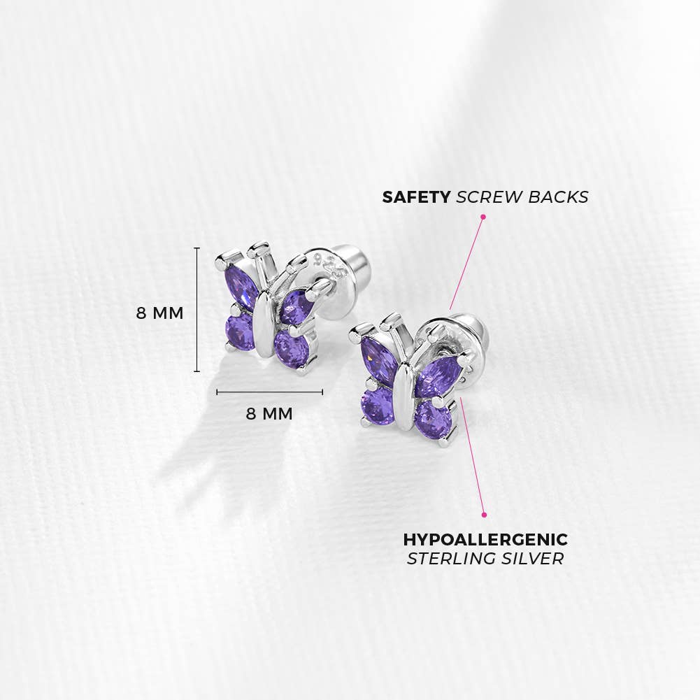 Dainty Purple Butterfly Sterling Silver Earrings