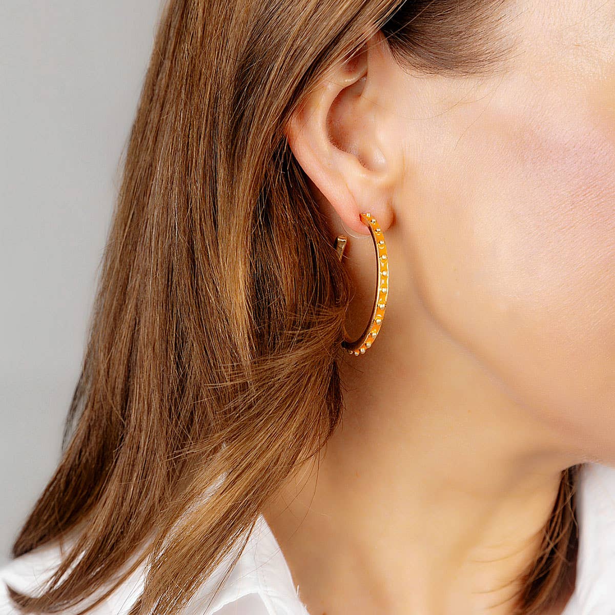 Enamel Studded Metal Hoop Earrings: Black