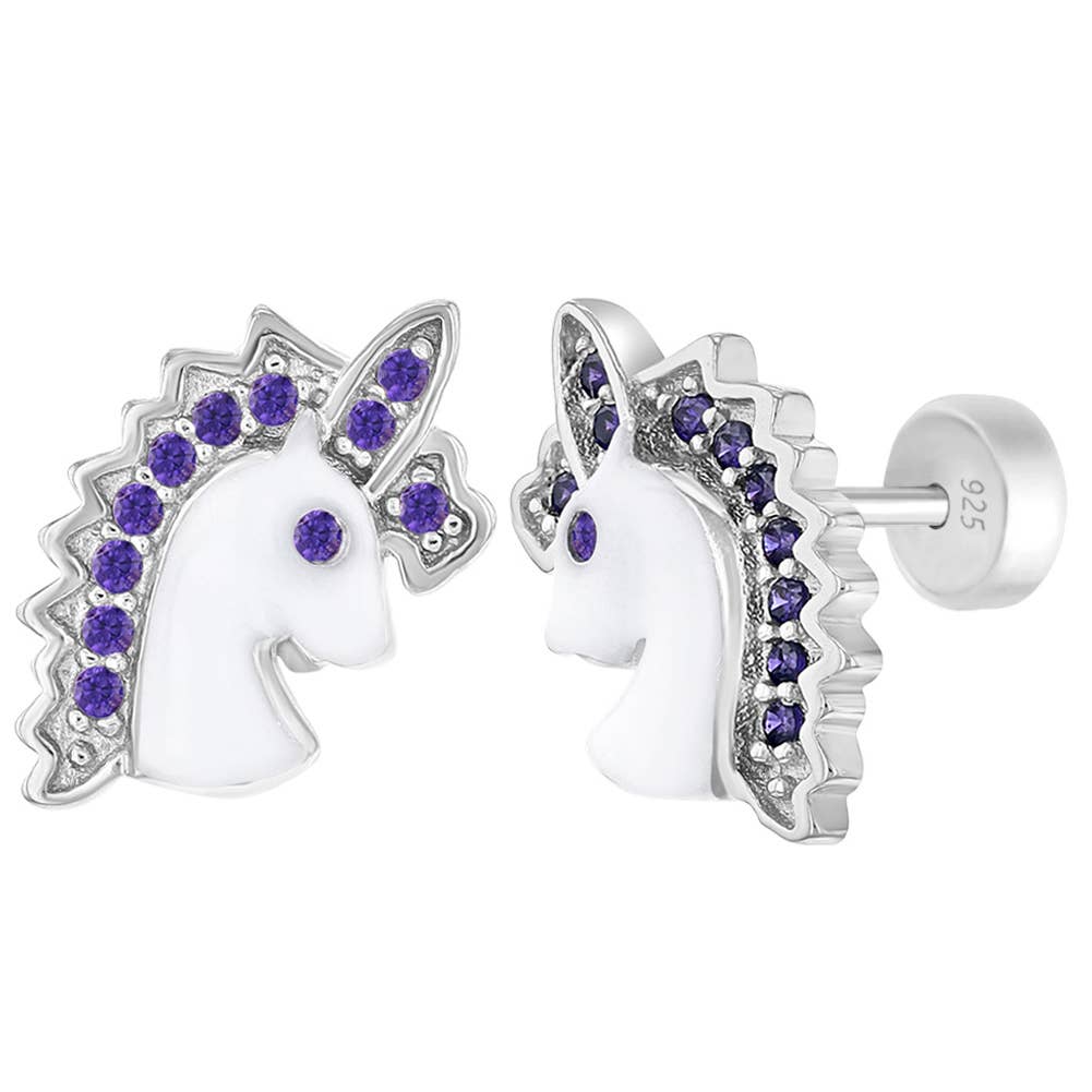 Majestic Purple Unicorn Enamel Sterling Silver Earrings