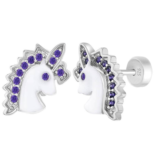 Majestic Purple Unicorn Enamel Sterling Silver Earrings