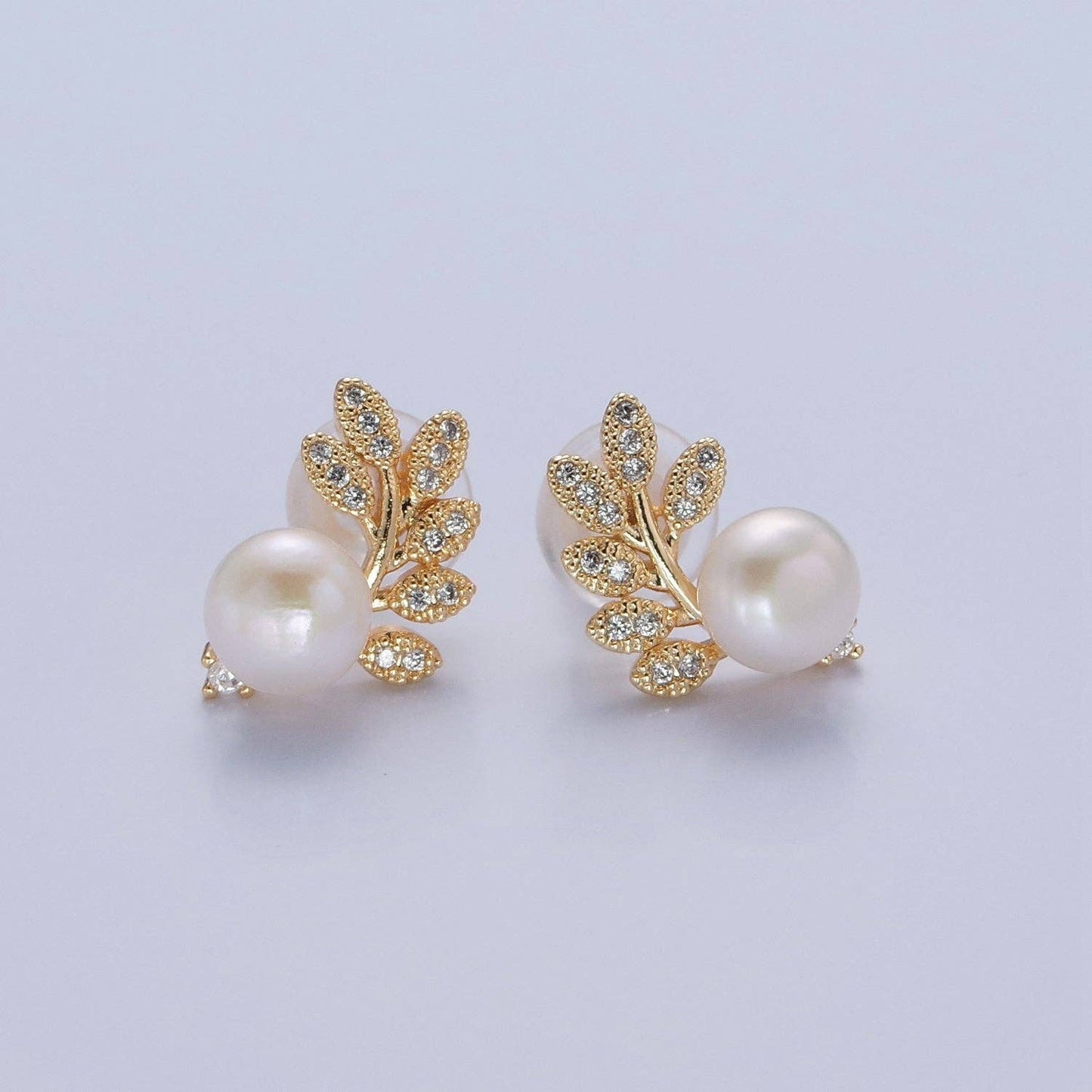 White Pearl Stud with Gold Pave Leaf Earrings