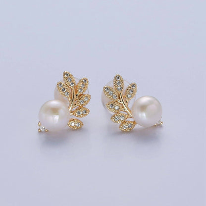 White Pearl Stud with Gold Pave Leaf Earrings