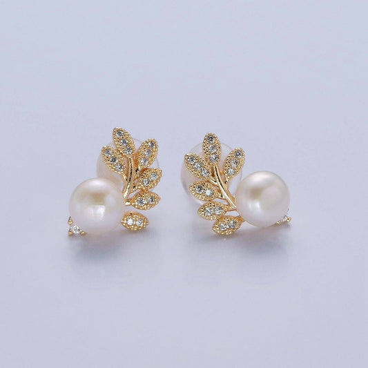 White Pearl Stud with Gold Pave Leaf Earrings