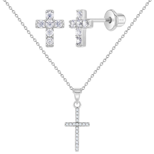 Tiny Glimmering Cross Children's Jewelry Set in Sterling Silver