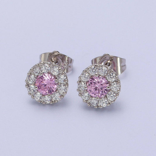 White-gold Filled Pink Round Halo Stud Earrings