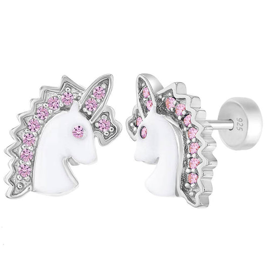 Princess Pink Unicorn Enamel Sterling Silver Earrings