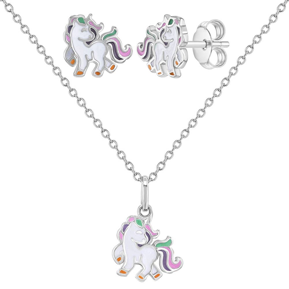 Fancy Galloping Unicorn Girl's Sterling Silver Jewelry Set
