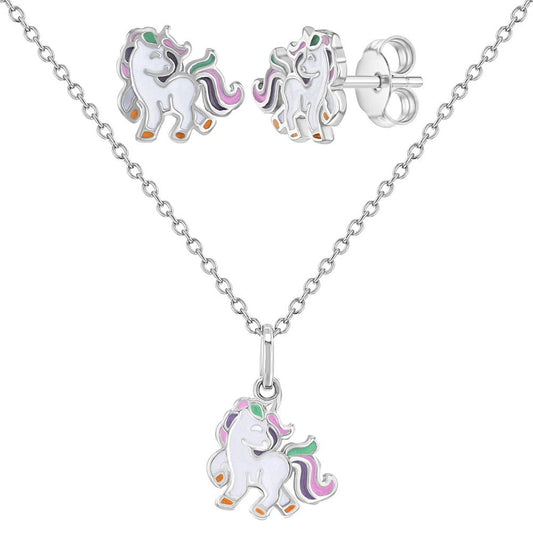 Fancy Galloping Unicorn Girl's Sterling Silver Jewelry Set