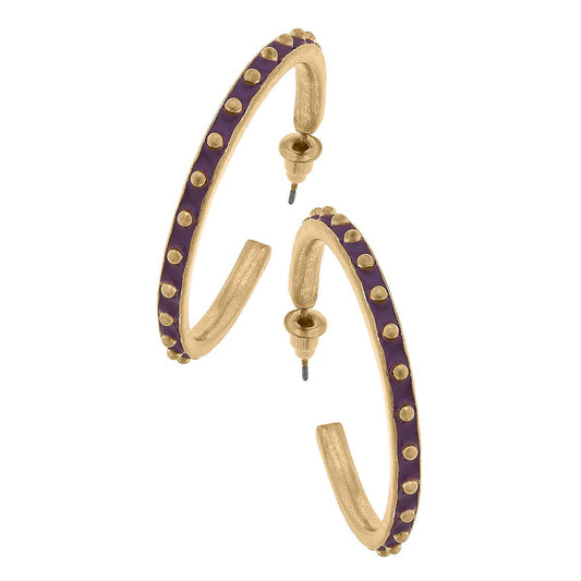 Enamel Studded Metal Hoop Earrings: Purple