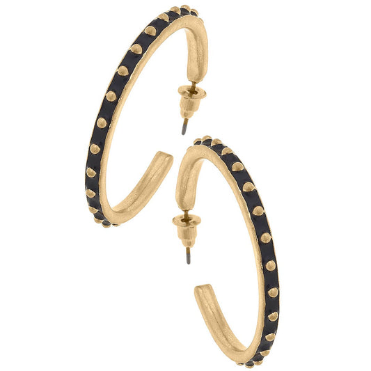 Enamel Studded Metal Hoop Earrings: Black